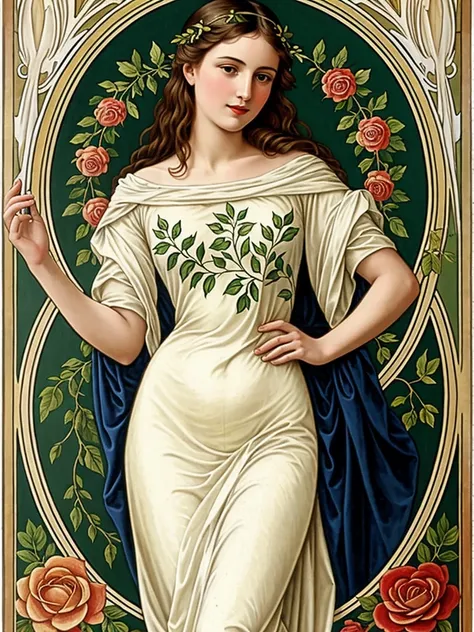 Detailed art nouveau painting, high quality, elegant woman full of grace, Laurel wreath, whole body
