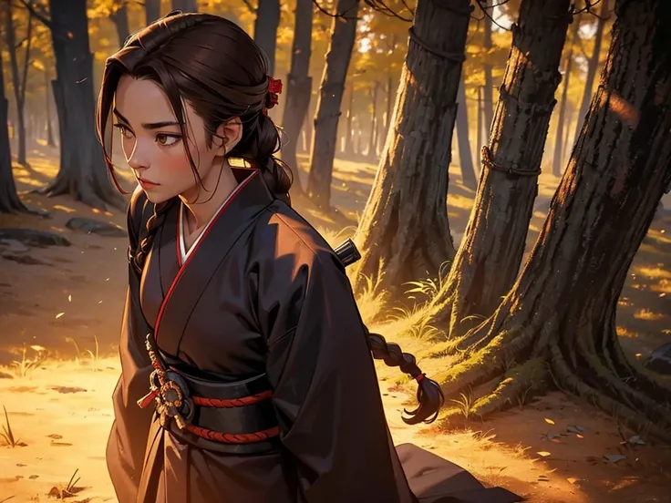 A young samurai, wearing a dark kimono. Your katana is dark as the darkest night, and her light brown hair is tied in a braid. at the forest.