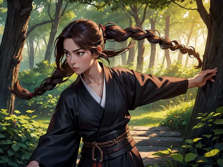 A young samurai, wearing a dark kimono. Your katana is dark as the darkest night, and her light brown hair is tied in a braid. at the forest.