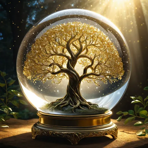 (A shimmering cosmic Tree of Life, its golden branches reaching towards the heavens, enclosed within a translucent crystal sphere. This bewitching image is a digital artwork that portrays the ethereal beauty of a sacred tree, signifying life and growth. Th...