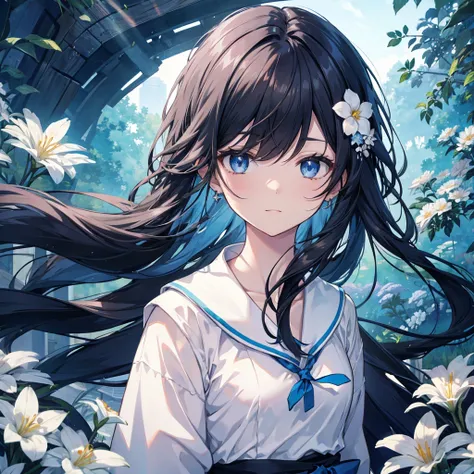 (((1 person)))　((High resolution　Black Hair　Long Hair　Sailor suit　shoulder))　((Lonely　despair　blue eyes))　((White flower　blue sky　Japanese style　old　Shining Aura　forest))　(Flowers fluttering　Shade)