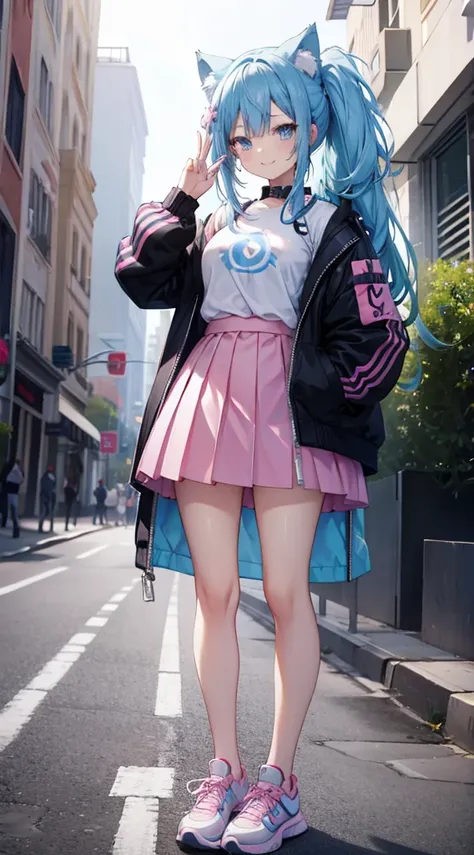 A girl with long blue hair that turns pink at the bottom, cat ears, two different eyes, one pink and the other blue, wearing a light blue shirt that shows her breasts a little, a dark blue short skirt, and white Nike shoes,  stands on the sidewalk among a ...