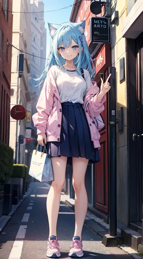 a girl with long blue hair that turns pink at the bottom, cat ears, two different eyes, one pink and the other blue, wearing a l...