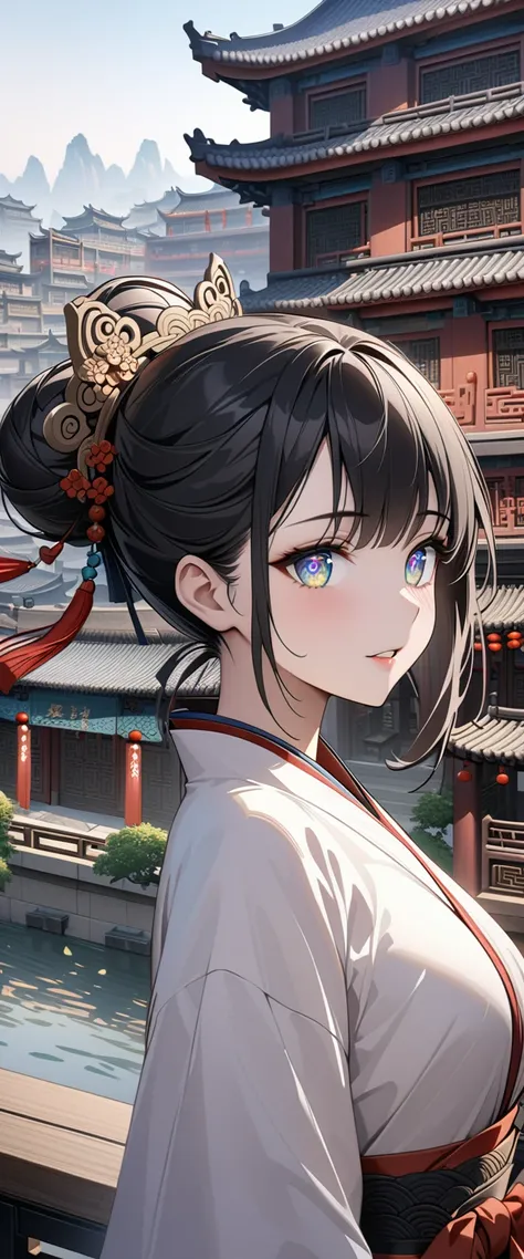 豊満な体の女god　god様　god々Shii　Big eyes　Rainbow Eyes　Her black hair is tied back in a bun　Tactile Hair　ancient chinese folk costumes　Highest quality　Super detailed　detailed woman　High quality　8k　Detailed Background　Ancient Chinese cityscape