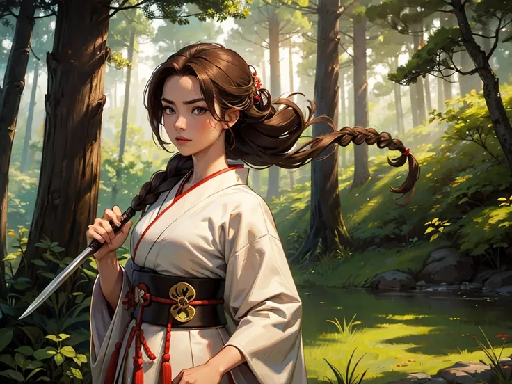 A young samurai, wearing a kimono. In her hands she holds a dark spear, and her light brown hair is tied in a braid. at the forest.