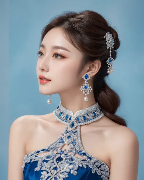 Woman wearing a blue dress and pearl necklace, blue jewelry, cheongsam, blue ornaments, Wearing elegant jewelry, Chassis, chinese style, 파란 cheongsam 드레스를 입고, gorgeous chinese model, silver and blue colors, xianxia, stunning elegant, blue tiara, Inspired b...