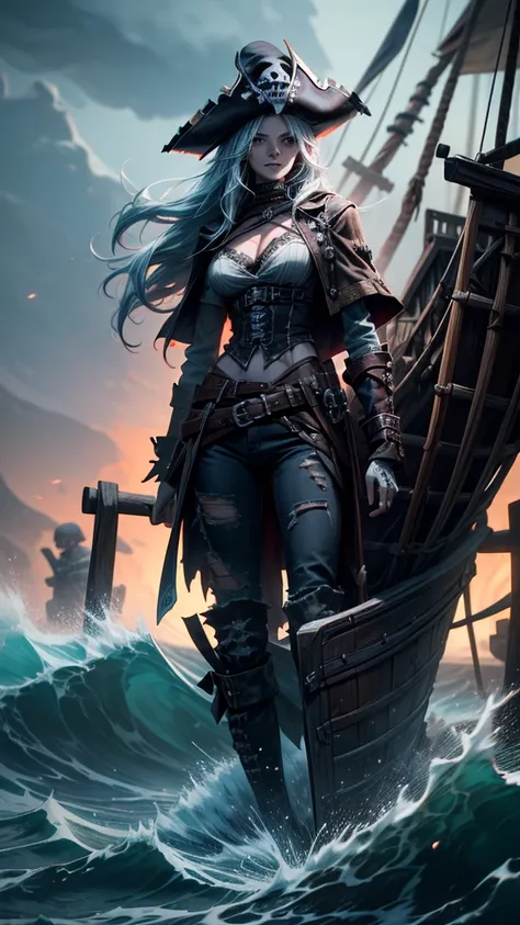 1 female skeleton pirate:1.2, with torn clothes, dark tone, scary scene, on the pirate ship, big wave, thunder, raining, high quality, high detailed, masterpiece, 8k, cinematic lighting, superrealistic, long exposure, full body shot skeleton is rope:1.2