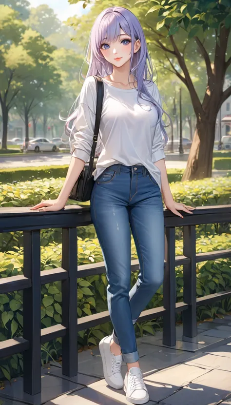 ((best quality, masterpiece:1.3, 8K)), (detailed), highly detailed face and skin texture, detailed eyes, full body, outdoor, (slender body:1.1), 1girl, (solo), (18+ years old), white skin, bright lips, seductive smile, long hair, casual outfit, medium brea...