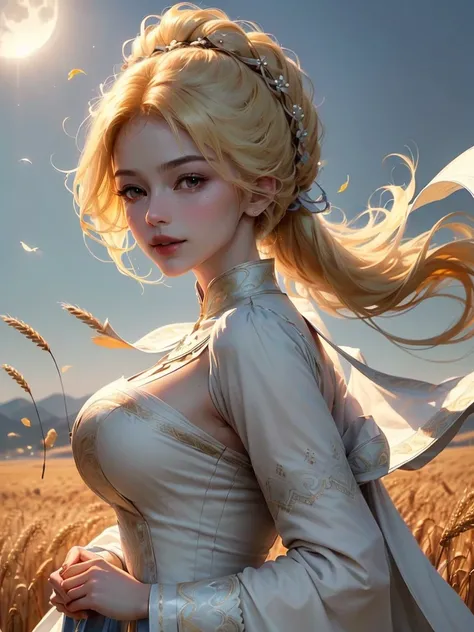 A beautiful woman, (((1 girl, solo, running, (wheat field), turning around, golden eyes, long pure white dress, middle ages, medieval outfit, long sleeves sunset, light from behind, shadow on the figure, smile, laughter, (blue sky), against the background ...