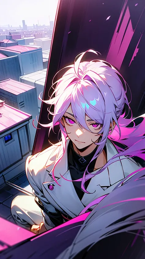 An effeminate man with shoulder-length white disheveled hair, purple-pink eyes and a slight smile. Hes sitting on the roof, tall.