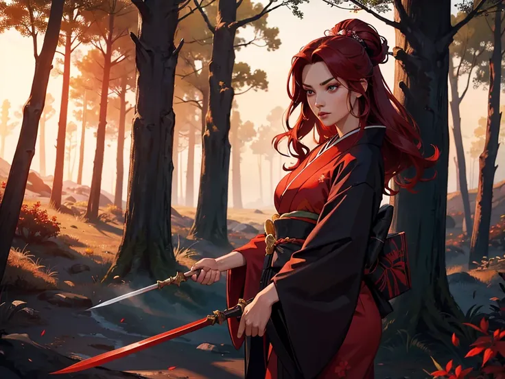 A woman with a large spear in her hands, wearing a dark kimono and her hair is crimson red. at the forest.