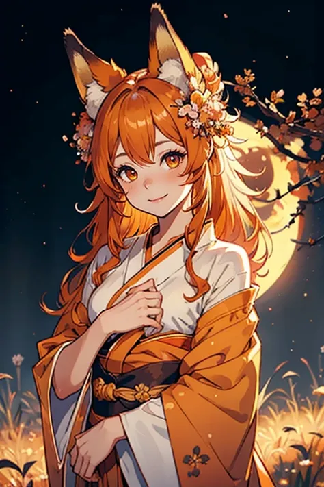 A beautiful, highly detailed, 1 girl, fox-eared girl, orange hair, fluffy hair, blushing, brown eyes, flowers, fox ears, fox girl, gradient, gradient background, hair flowers, hair ornaments, kimono, looking at viewer, miko, smiling, solo, white kimono, be...