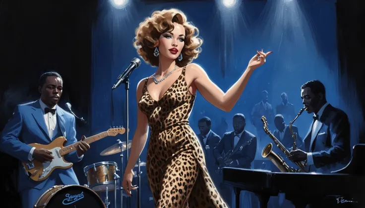 alabama bar, blue note, charismatic, baterist, guitarist, saxophonist, jazz band, leopard skin dress, illustration, noir fantasy, singer lady, 