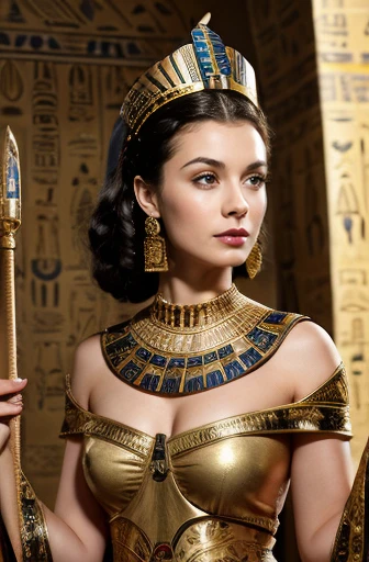 Masterpiece、wallpaper、8k、Raw photo。Beautiful photo of Vivien Leigh in ancient Egyptian costume。She was an ancient Egyptian queen、In the guise of Cleopatra、Wearing a snake-shaped crown on his head、She wears a gorgeous costume decorated with gold.。She had a ...