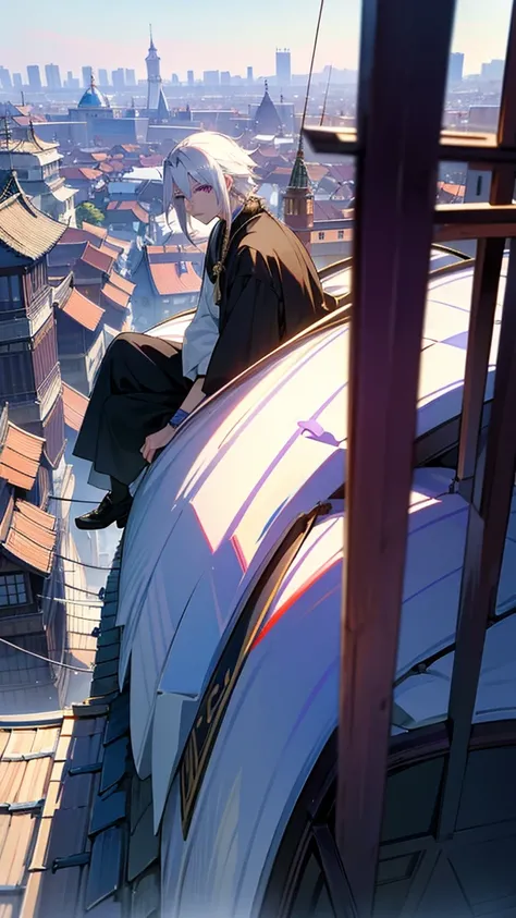 An effeminate Russian man with shoulder-length white disheveled white hair, purple eyes and a slight smile. Hes sitting on the roof, tall. around the morning, the Japanese city of Yokohama 