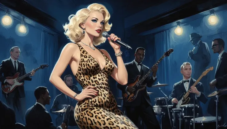 alabama bar, blue note, charismatic, baterist, guitarist, saxophonist, jazz band, leopard skin dress, illustration, noir fantasy, singer blonde lady, 