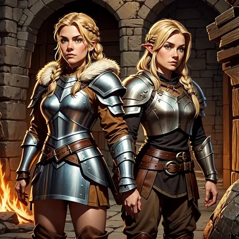 Viking female with blonde braided hair dressed in armor made of furs (left)/Small halfling female with short brown hair dressed in leather armor (right)/2 characters/fantasy/dungeons and dragons