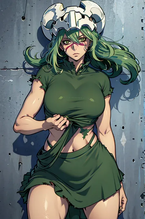 nell odelschwanck green hair clothes torn under her breasts skirt, greenhair, yellow  eyes, bone helmet, perfectbody