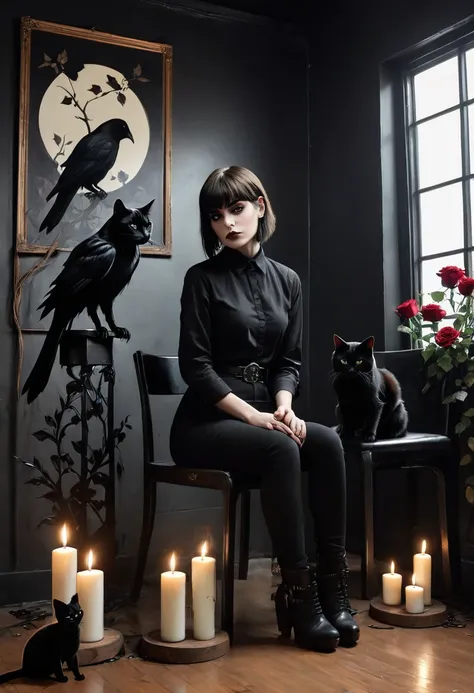 dark,look close corner face camera , hold crow, a woman sofia steinberg face,short hair with bangs, pale white skinned ,wearing ...