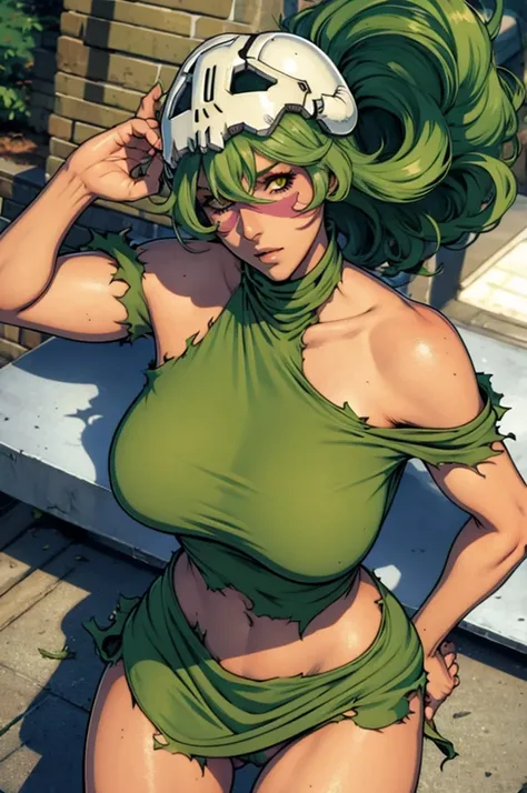 nell odelschwanck green hair clothes torn under her breasts skirt, greenhair, yellow  eyes, bone helmet, perfectbody