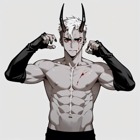 score_9, score_8_up, score_7_up, rating_explicit, source_anime, man, death god, Gothic style, cool pose, roundy doe eyes, horn, dark circles in eyes, abs, grey skin, sick, blood, pretty face, masterpiece, (SuperQuality:1.0) ~ (SuperQuality:1.2)