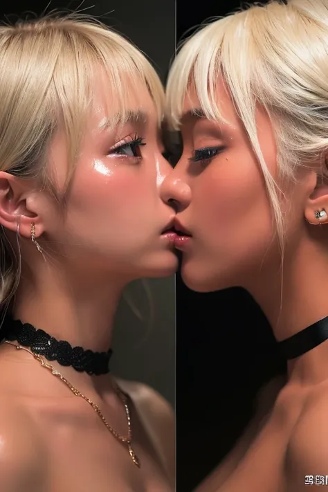 (Highest quality, 4K, 8k, High resolution, masterpiece:1.2), Very detailed, (Realistic, photoRealistic, photo-Realistic:1.37)、club、stage、Japanese、Two Girls、(kiss)、(Completely naked）、ear piercing、Blonde with a black choker、(Hairstyle:random),Shiny skin caus...