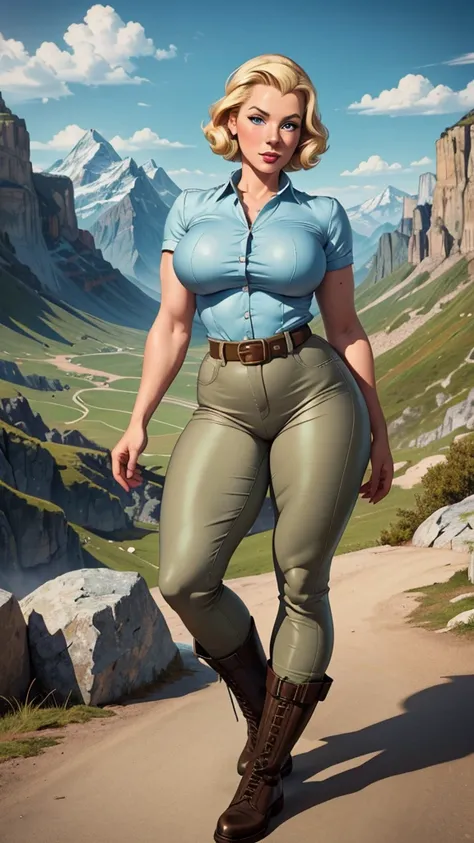 1940s art post, pinup, thicc, Short Blonde hair, 30 years old woman, semi athletic body, 5 foot height, light blue eyes, gray skin tight shirt, khaki tight pants, tactical belt, boots, standing in the mountains, masterpiece, high quality, crazy details, 8k...