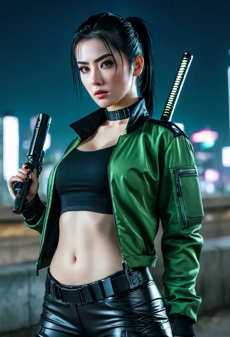 (masterpiece, best quality, 8k, sharp focus, depth of field, best shadows, perfect lights, HDR, realistic skin texture, hyper detailed background), Anime style, Long Angle Shot, ((CYBERPUNK THEME)), solo, 1 woman, she is a mercenary, (green eyes, white ski...