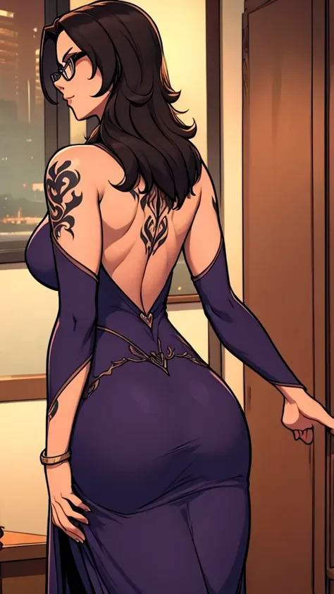 1 milf, long hair, wearing glasses, wearing a backless dress, front to back, back tattoo