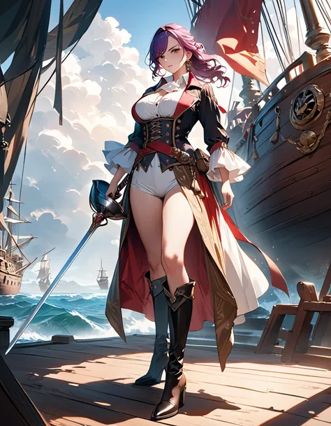 a portrait of a woman pirate holding a ((sword: 1.5)) on a pirate ship ready for battle, ((full body: 1.5)), ((anatomically corr...