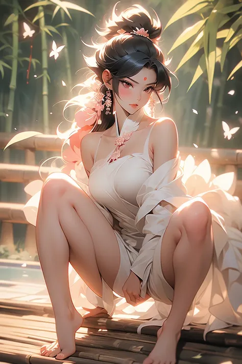 1 woman, full body, nezuko kamado oni mode, with bamboo in her mouth, demon hunter, Kimetsu no yaiba, beautiful, long hair, pink eyes, perfect, ultra hd, naked, showing her breasts, showing her pussy, nails like claws, perfect feet, demon hunter scenario, ...