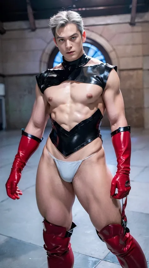 (realistic,hyper-detailed,8k,DC comic superhero,Captain Atom,captainatom),
(silver leotard,silverleotard),
(red gloves,redgloves),
(red boots,redboots) , unrealistic wide hips , unrealistic wide hips , plump hips ,  snatched waist , stiff nipples ,  pector...