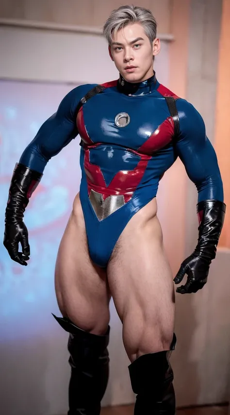 (realistic,hyper-detailed,8k,DC comic superhero,Captain Atom,captainatom),
(silver leotard,silverleotard),
(red gloves,redgloves),
(red boots,redboots) , unrealistic wide hips , unrealistic wide hips , plump hips ,  snatched waist , stiff nipples ,  pector...