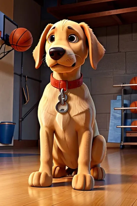 Labrador retriever dog with muscular human body wearing air jordan sneakers holding a basketball