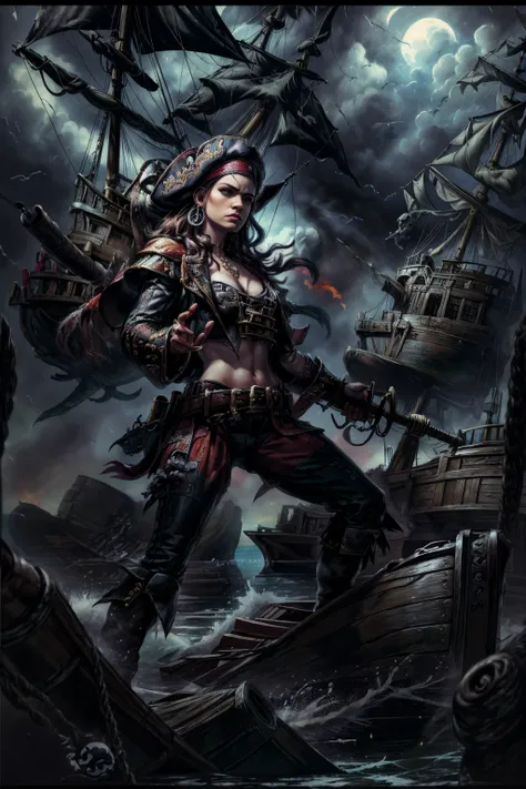 Pirate Ship Battle with their Skull and Crossbones Flags:1.3, A group of pirate ships engaged in a fierce battle, Pirates fighting with swords on the deck of the ships:1.5, Fire, Smoke, Dramatic Lighting, Stormy Seas, High Waves, Dramatic Sky, Cinematic At...