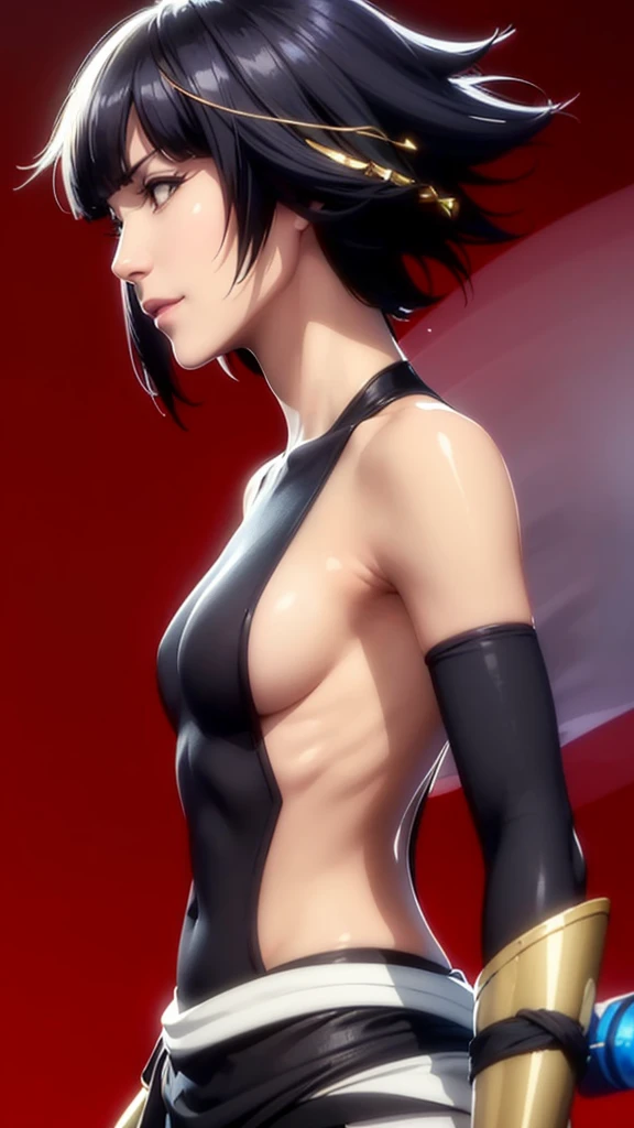 (（（Perfect body,White and tender skin,（（（japanese clothes, sideboob，Black top, Gold belt, black sleeves, black Japanese pants ）））,（（（sui-feng, short hair, short hair with long locks，Black hair））），((masterpiece)),high resolution, ((Best quality at best)),ma...