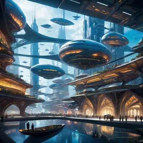 Creating futuristic surrealist artwork, Imagine a city floating in the sky, Complex building structure，advanced technology. Describe this futuristic city in rich detail, Capturing bright lights, The suspended platforms and aircraft crisscrossing the sky.  