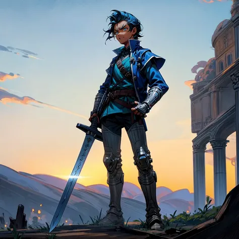 Solo character, full body version, young boy, blue eyes, blue color hair, short haircut, (dark skin), soldier roman clothing, boots, outdoor, town, ancient roman, twilight sky, detailed background, angry eyes, sword in hand, standing guard gesture