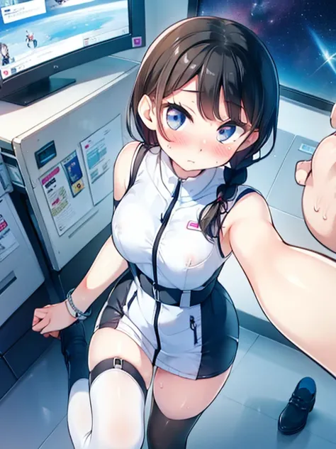 (Highest quality), (masterpiece), 1080P, High resolution, 4K, 8k, Inside the space station、Futuristic room、Thigh straps, Shooting from directly below, The woman on top of me, Nipples, 白いSweat, Covered , Sweat, Woman looking down, Skirt swimsuit, Thigh-high...