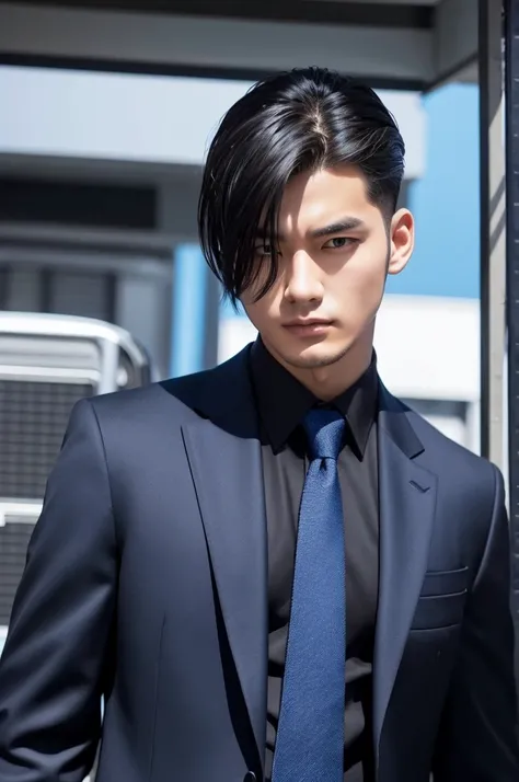 Hair is parted in the center and black、The clothes are a cool man in a blue suit and a black T-shirt.