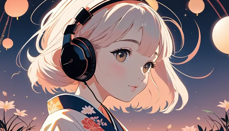 A woman in a kimono wearing headphones, Wide-angle lens, Lofi Anime, Lofi illustration, Aesthetic atmosphere, Lo-Fi Style, Vector art, Flat Design, Simple shape, Warm tones, Pleasant atmosphere, Chill, In anime style, Digital drawing, Vector art, Vector lo...