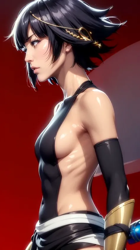 (（（Perfect body,White and tender skin,（（（japanese clothes, sideboob，Black top, Gold belt, black sleeves, black Japanese pants ）））,（（（sui-feng, short hair, short hair with long locks，Black hair））），((masterpiece)),high resolution, ((Best quality at best)),ma...