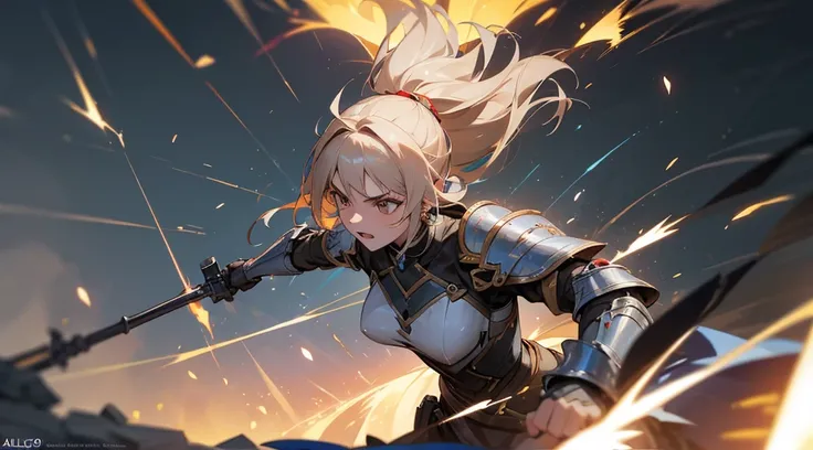 "Create a hyper-realistic image of Benedetta from Mobile Legends, engaged in an intense battle. She should be depicted mid-action, with her signature weapon, the Alecto: Final Blow, glowing with energy. The background should feature a war-torn landscape, w...