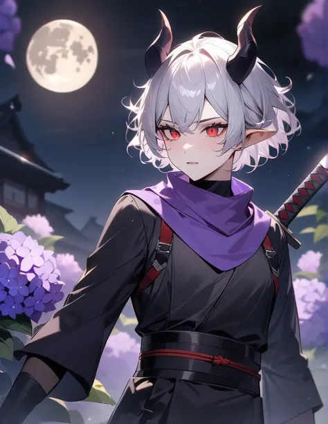 White hair, curly perm, short hair, three horns, black ninja outfit, holding a sword, full moon, male purple neck scarf, purple hydrangea, red eyes 、masterpiece, accurate, Highest quality, 