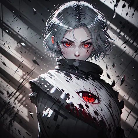 In Anime-art style, pixiv, masterpiece, 1 girl, (Close-up:1.1),Very Close to the Viewer( only half of the face is visible), soft lighting, Bloody sky, bloody environment, bloody rain, dark silhouettes, красный blood vibe, red vibe настроение, red like your...