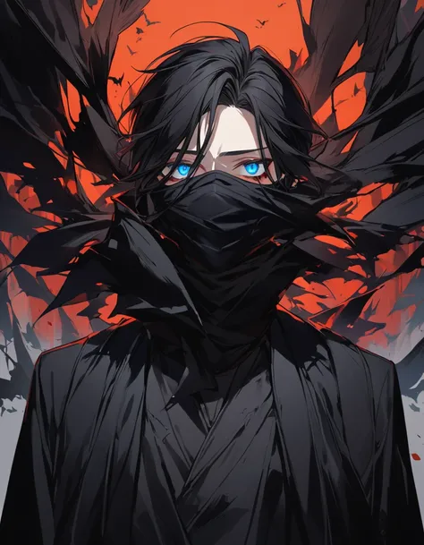 male, black hair, blue eyes, black wings, black robe, wearing a scary black mask covering all his face except the eyes