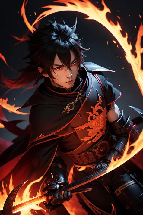 Samurai. darkness background.fire. elsword 