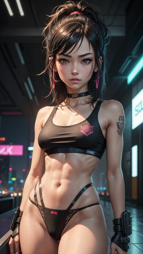 solo, 1girl, (masterpiece), ((16 year old appearance)), mohalk punk hair, small breasts, yellow eyes, ((detailed eyes)), (athletic body), (simple black cropped), (highcut sexy micro black top with red details Victorias Secret style), looking at the screen,...