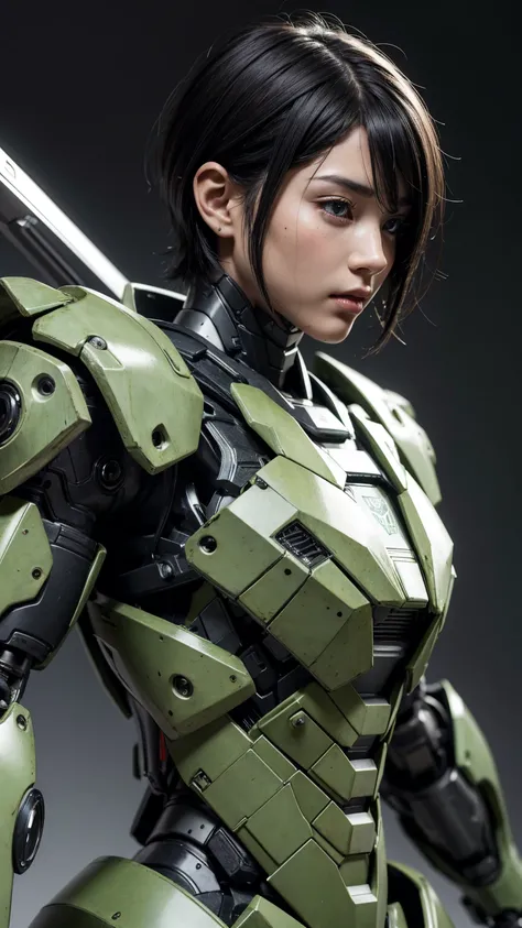 Textured skin, Very detailed, Attention to detail, high quality, 最high quality, High resolution, 1080P, hard disk, beautiful,(War Machine),beautifulサイボーグ女性,Mecha Cyborg Girl,BATTLE MODE,Girl with a mechanical body　Black Hair　Short Hair Boyish　Light green a...