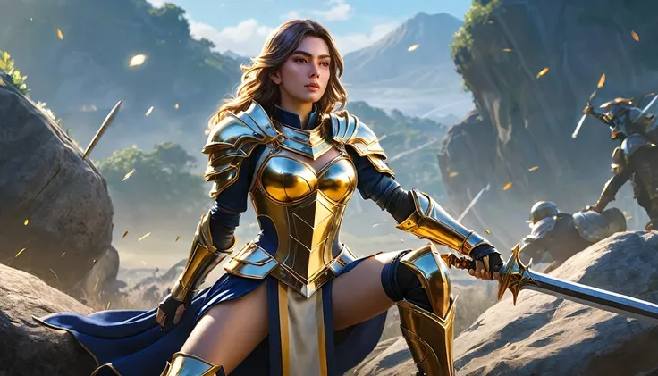 "Create a hyper-realistic image of Benedetta from Mobile Legends in a reflective moment on the battlefield. She is depicted resting one hand on a helmet placed on a rock, symbolizing respect or contemplation. Her other hand should be near her sword, which ...